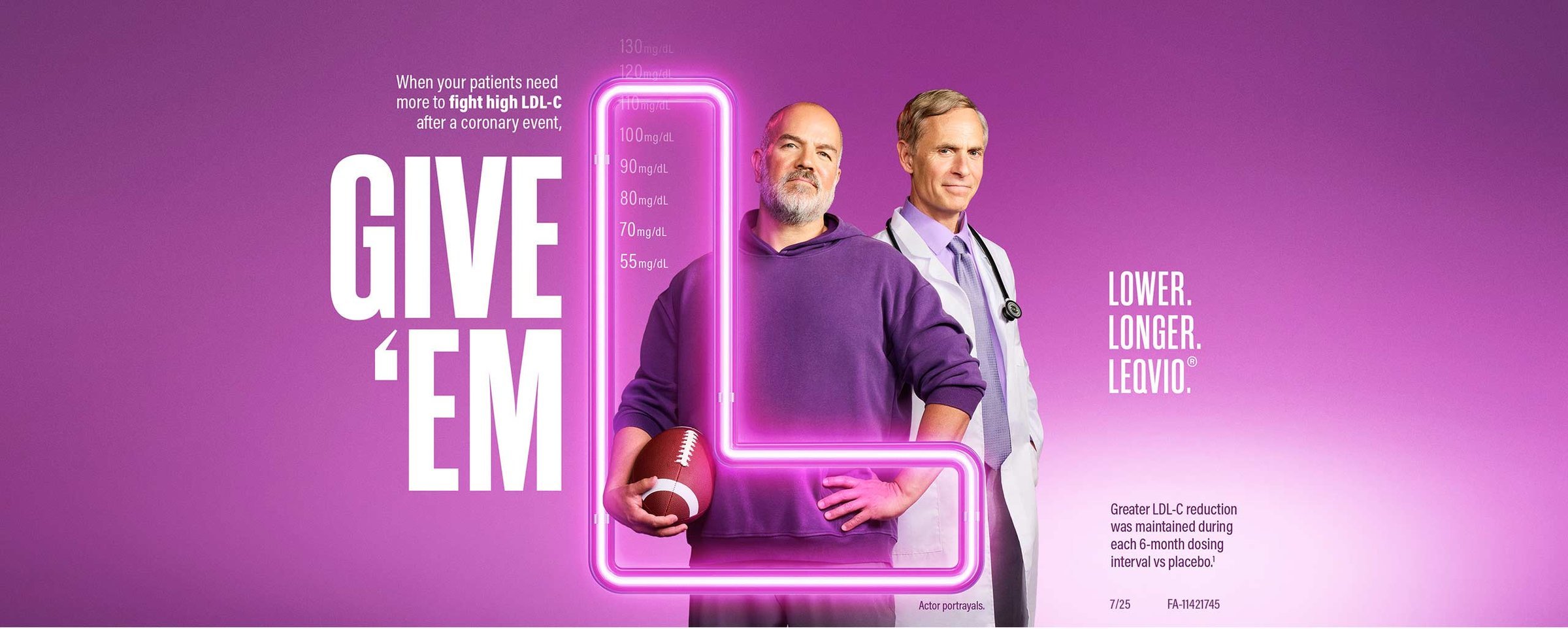 When your patients need more to fight high LDL-C after a coronary event. Give them lower, longer, Leqvio. Greater LDL-C reduction was maintained during each 6-month dosing interval vs. placebo. Be confident your patients have received their dose with HCP-administered Leqvio, the only twice-yearly LDL-C lowering therapy. After two initial doses.